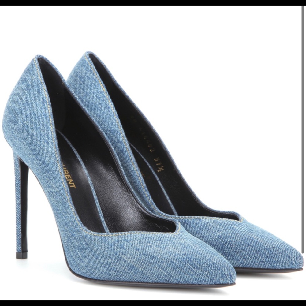 SAINT LAURENT DIRTY DENIM V-NECK PUMPS/HEELS